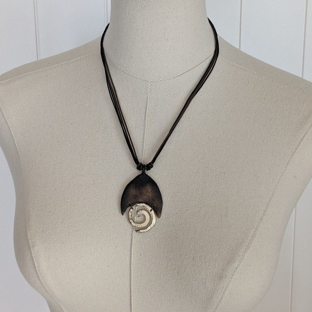 Unique Handmade Necklace - Bronze - Gold - Spiral - Leather Band